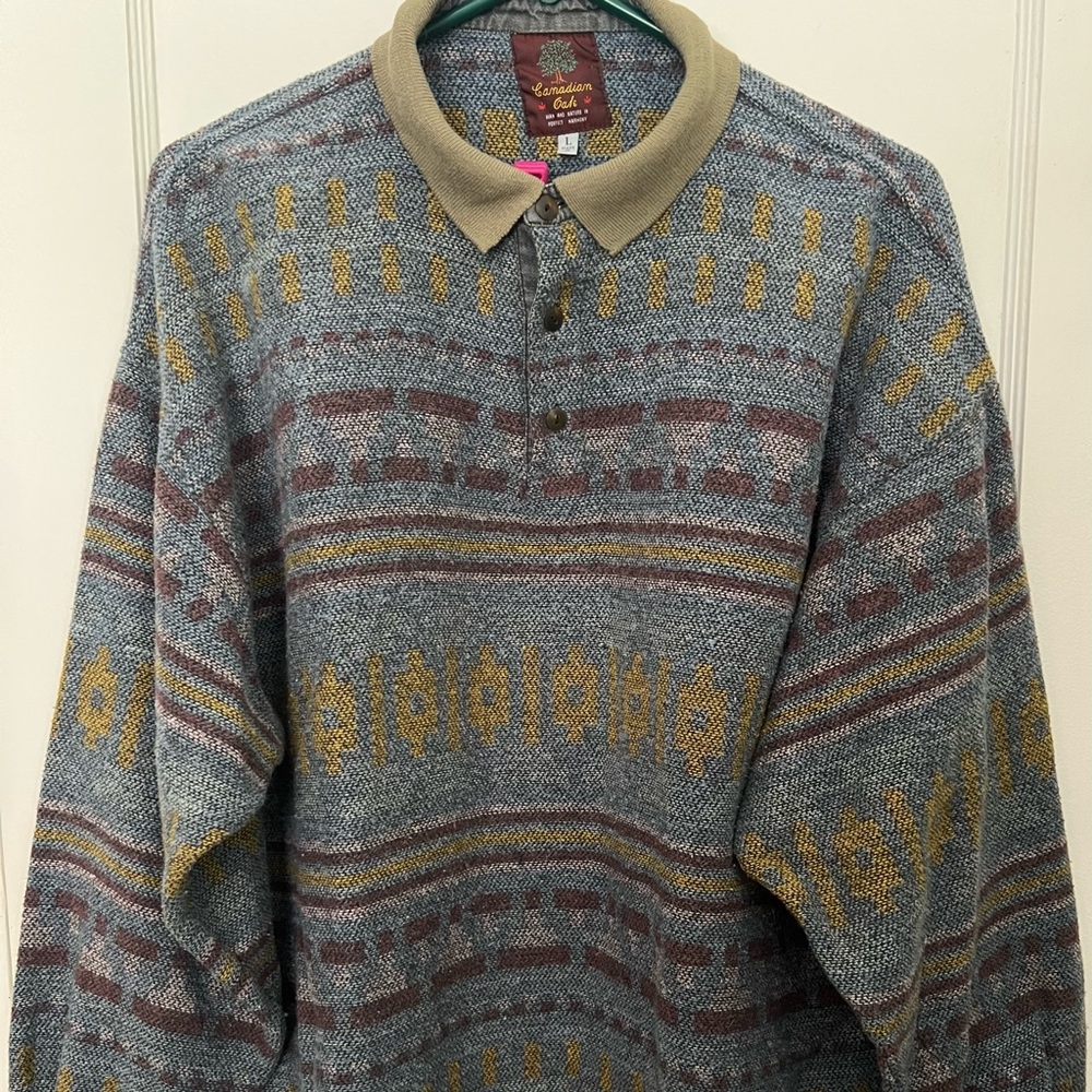 Vintage 1980s Canadian Oak Knit Collard Sweater Mens Patterned Pullover - Size L